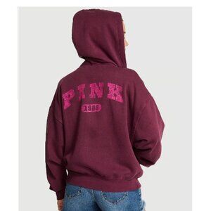 Victoria's Secret PINK Ivy Fleece Campus Full-Zip Hoodie Wild Rose Burgundy S